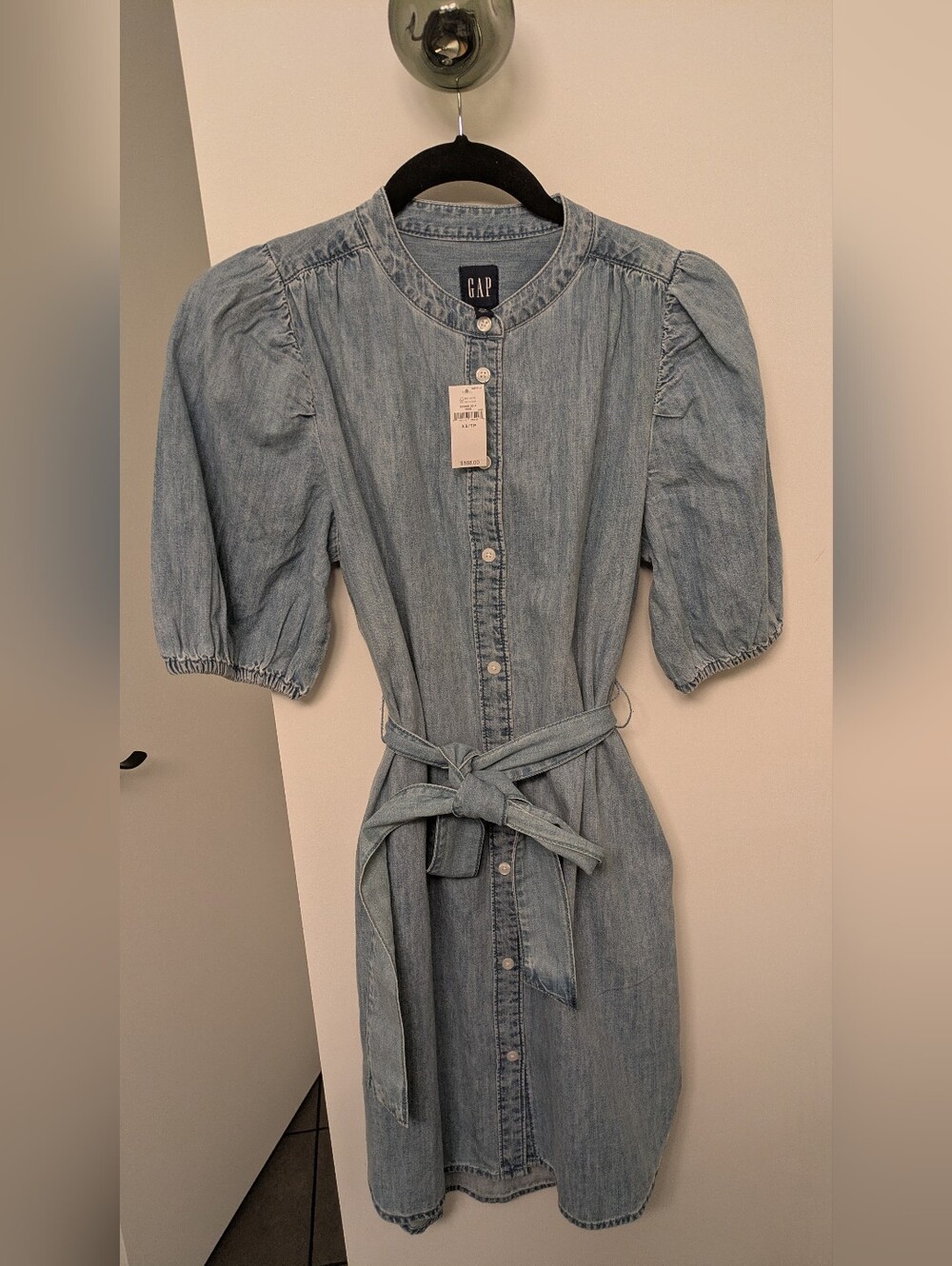 GAP Light Blue Denim Midi Shirt Dress with Tie Waist XS Puff Sleeve NEW